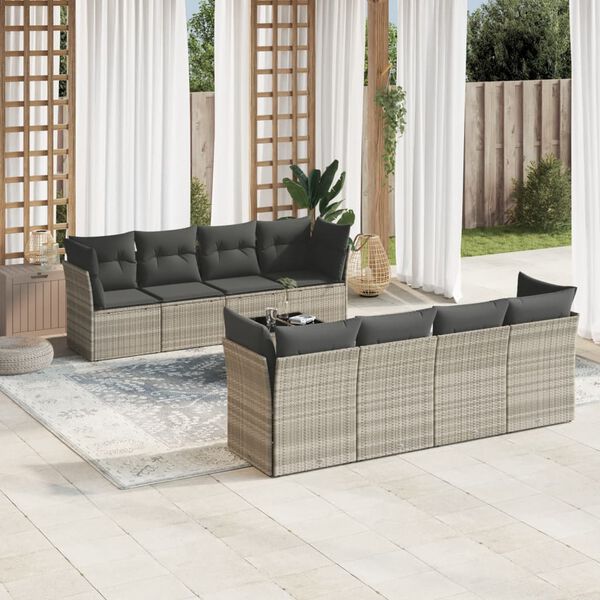vidaXL Set Divano da Giardino 9pz con Cuscini Grigio Chiaro Polyrattan