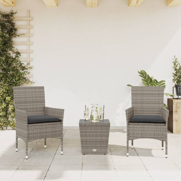 vidaXL Set da Bistrò 3 pz con Cuscini Grigio Polyrattan e Vetro