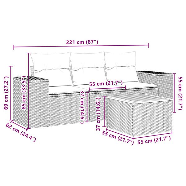 vidaXL Set Divani da Giardino 4 pz con Cuscini Nero in Polyrattan