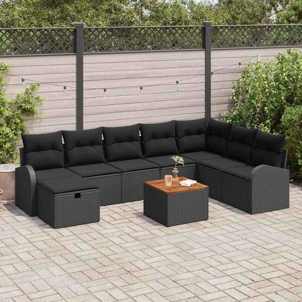 vidaXL Set Divano da Giardino con cuscino 9 pcs Nero Poly Rattan