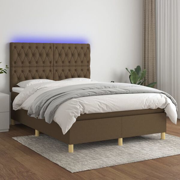 vidaXL Letto a Molle Materasso e LED Marrone Scuro 140x200 cm Tessuto