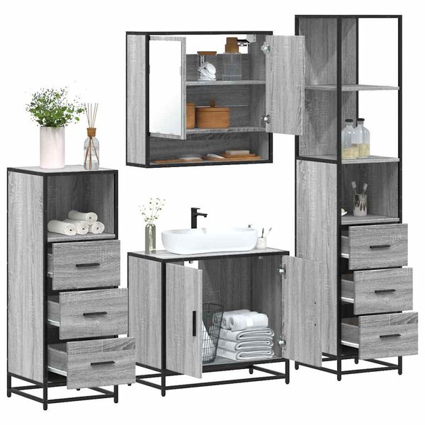 vidaXL Set Mobili da Bagno 4 pz Grigio Sonoma in Legno Multistrato