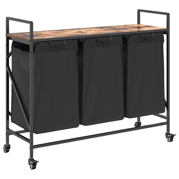 vidaXL Cesto della Biancheria 3 Scomparti con Ruote Rovere Fumo