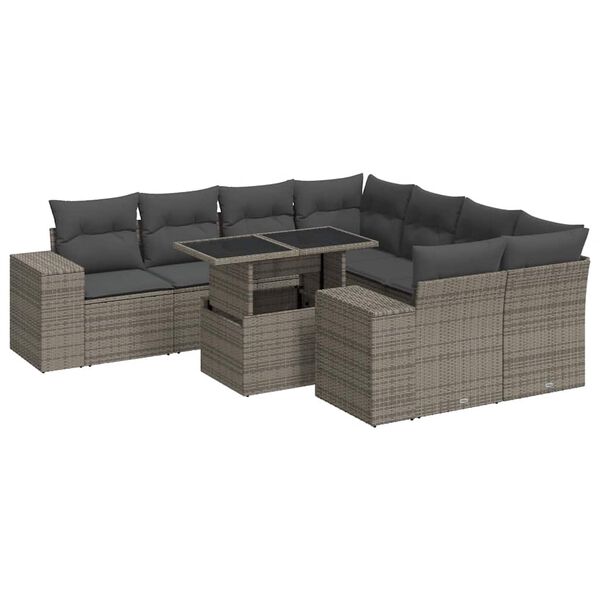 vidaXL Set Divano da Giardino 9 pz con Cuscini Grigio in Polyrattan