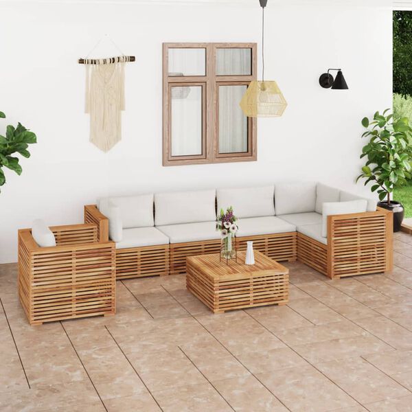 vidaXL Set Divani da Giardino 7 pz con Cuscini Crema in Legno di Teak