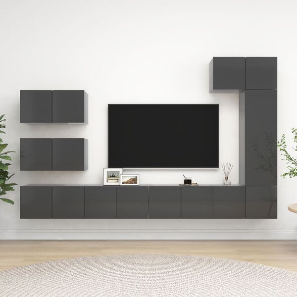 vidaXL Set Mobili TV 8 pz Grigio Lucido in Legno Multistrato