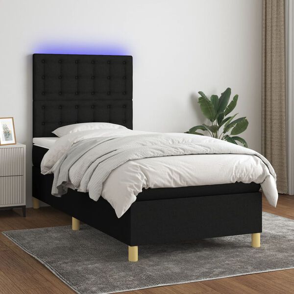 vidaXL Letto a Molle con Materasso e LED Nero 90x200 cm in Tessuto