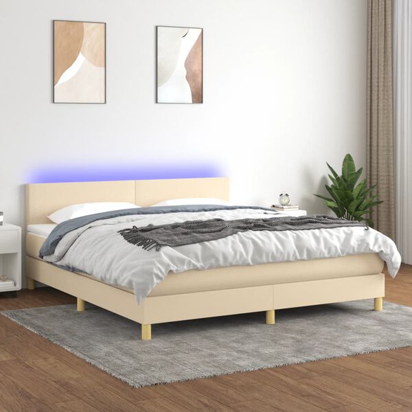 vidaXL Letto a Molle con Materasso e LED Crema 160x200 cm in Tessuto