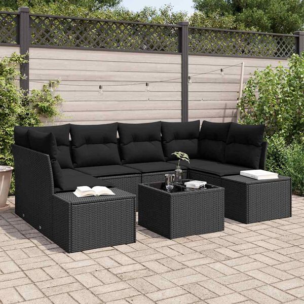 vidaXL Set Divano da Giardino con cuscino 7 pcs Nero polyrattan