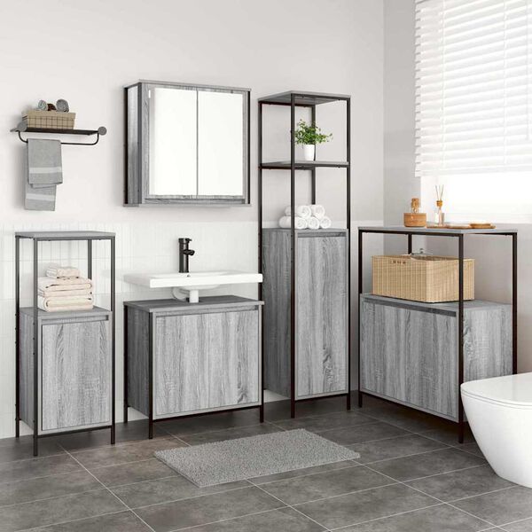 vidaXL Set di mobili per il bagno con porta 5 pcs Grigio Sonoma e Nero
