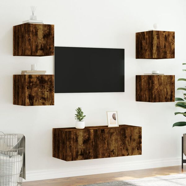 vidaXL Mobili TV a Muro con LED 6pz Rovere Fumo in Legno Multistrato
