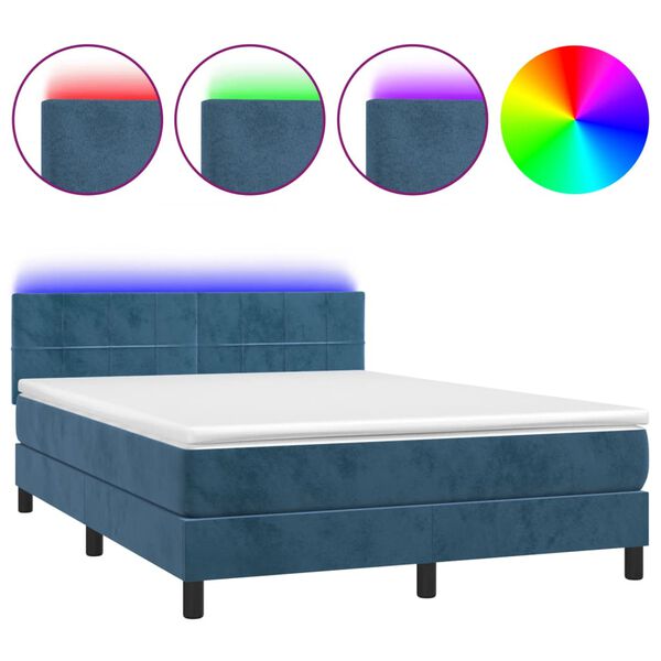 vidaXL Letto a Molle con Materasso e LED Blu Scuro 140x200 cm