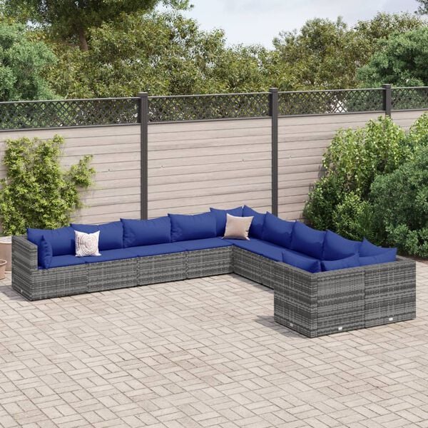 vidaXL Set Divano da Giardino 10 pz con Cuscini Grigio in Polyrattan