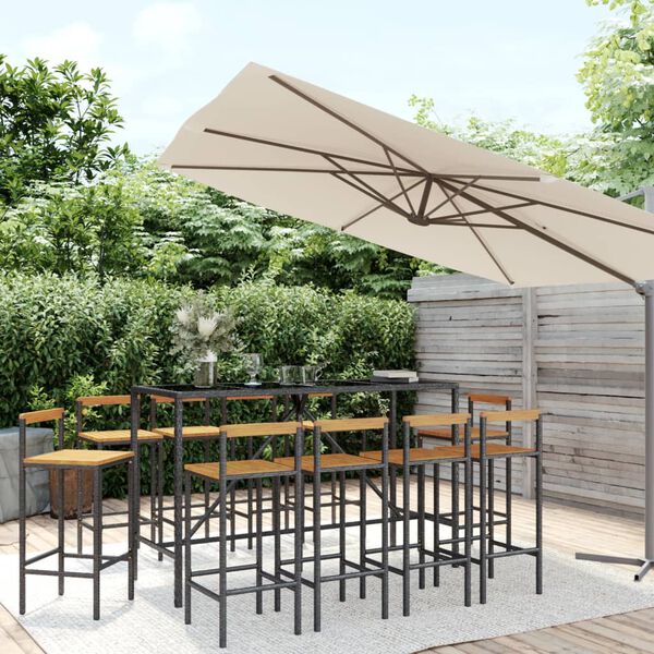 vidaXL Set Bar Giardino 11 pz Nero Polyrattan e Legno Massello Acacia