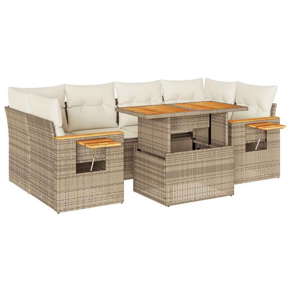 vidaXL Set Divani da Giardino 7 pz con Cuscini Beige Polyrattan Acacia