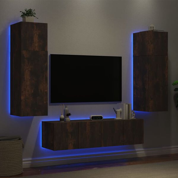 vidaXL Mobili TV a Muro con LED 6pz Rovere Fumo in Legno Multistrato