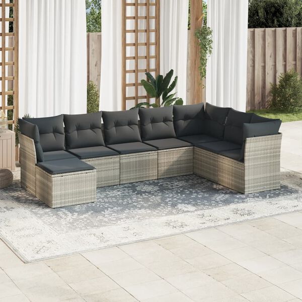 vidaXL Set Divano da Giardino 8pz con Cuscini Grigio Chiaro Polyrattan