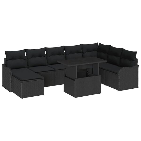 vidaXL Set Divano da Giardino con cuscino 9 pcs Nero Poly Rattan