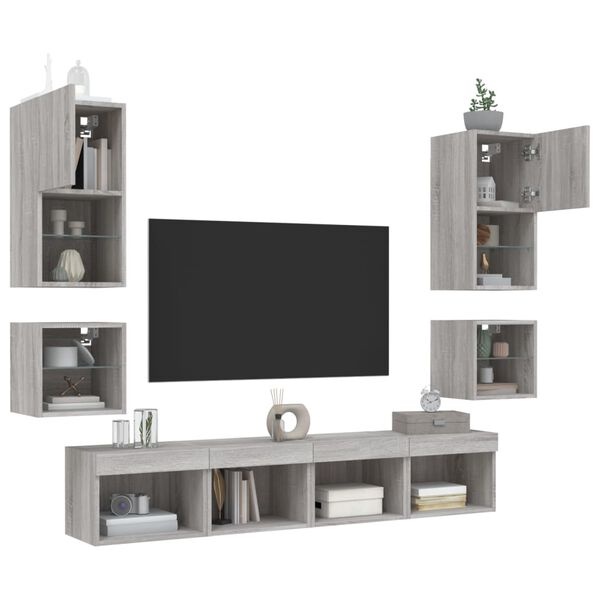 vidaXL Mobili TV a Muro con LED 8pz Grigio Sonoma Legno Multistrato