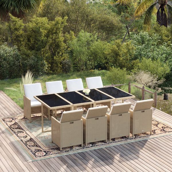 vidaXL Set da Pranzo da Giardino 9 pz con Cuscini in Polyrattan Beige