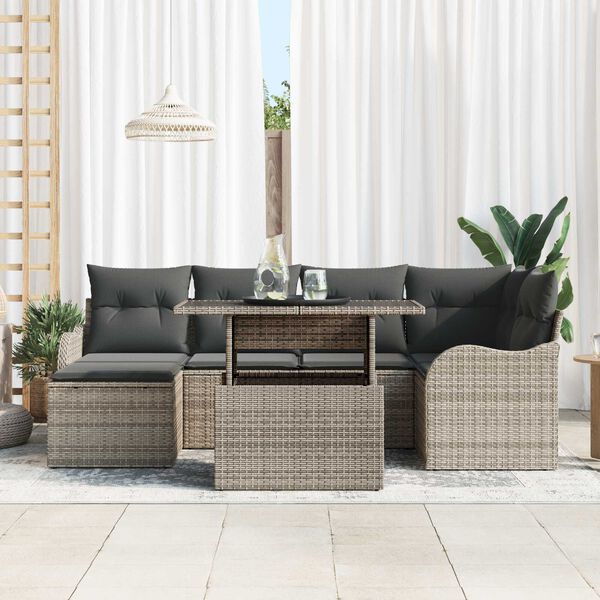 vidaXL Set Divano da Giardino con cuscino 7 pcs Grigio Poly Rattan
