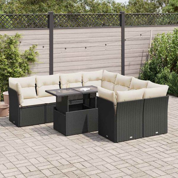 vidaXL Set Divani da Giardino 9 pz con Cuscini Nero in Polyrattan