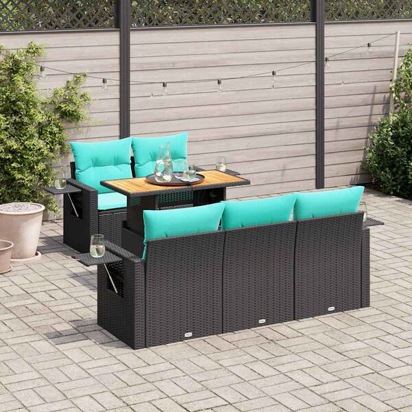 vidaXL Set Divano da Giardino 6 pz con Cuscini Nero in Polyrattan