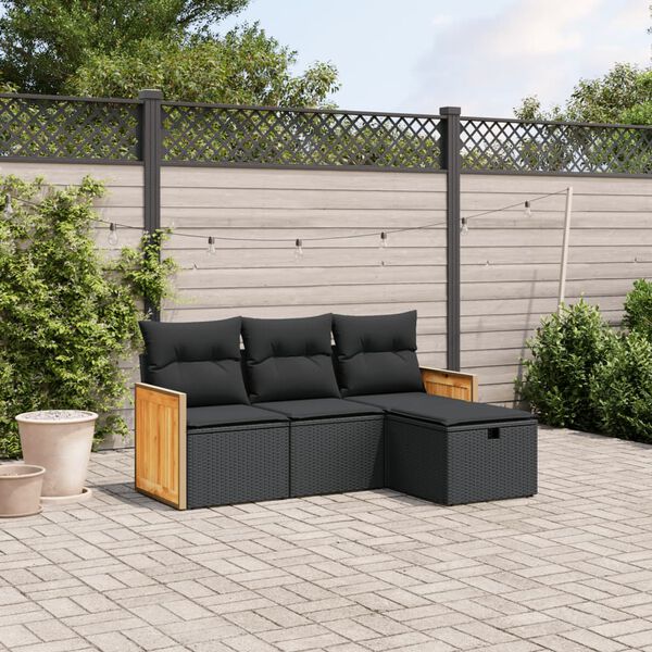 vidaXL Set Divani da Giardino 4 pz con Cuscini Nero in Polyrattan