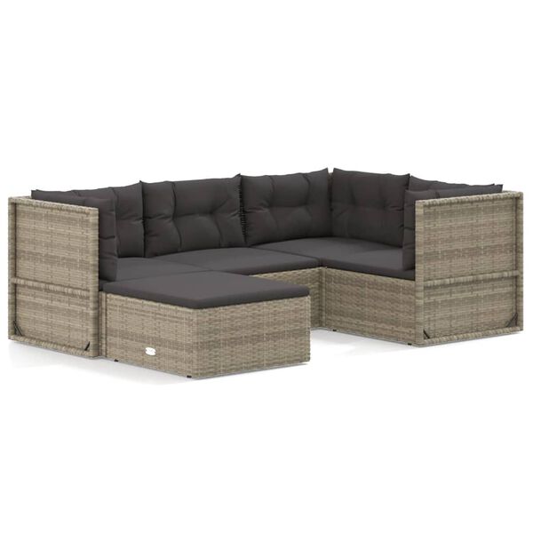 vidaXL Set Divani da Giardino 5 pz con Cuscini in Polyrattan Grigio