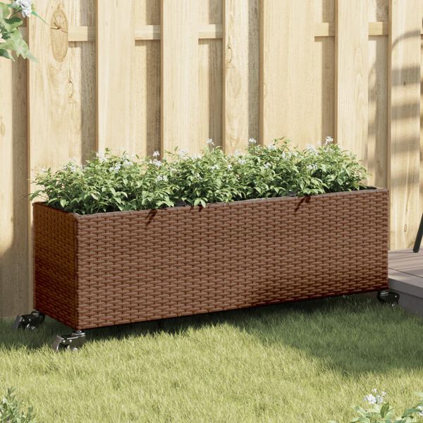 vidaXL Fioriera con Ruote e 3 Vasi Marrone 107x32x38 cm in Polyrattan