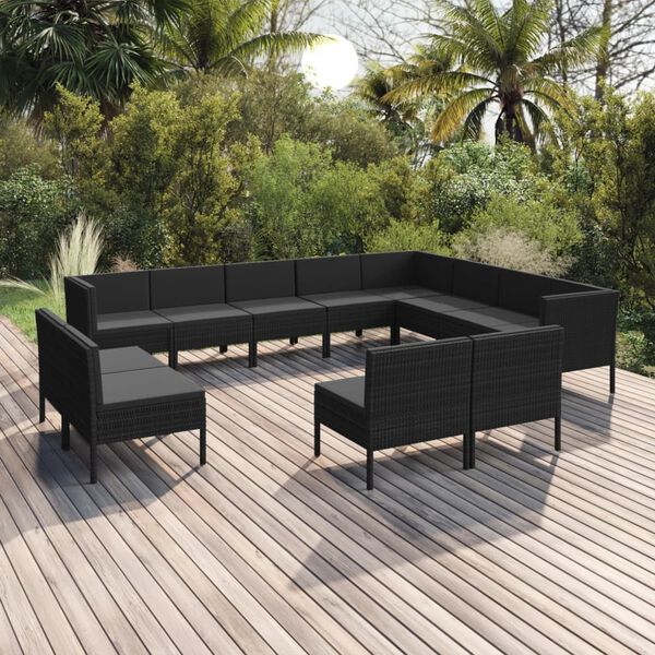 vidaXL Set Divani da Giardino 12 pz con Cuscini in Polyrattan Nero