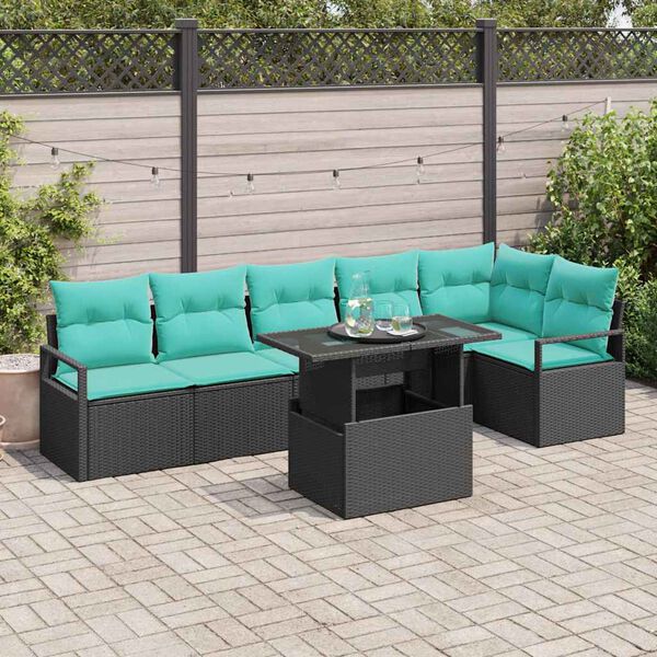 vidaXL Set Divano da Giardino con cuscino 7 pcs Nero e Blu polyrattan