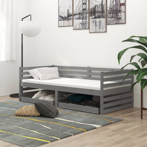 vidaXL Divano Letto con Cassetti 90x200 cm Grigio in Legno di Pino