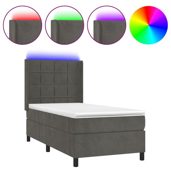 vidaXL Letto a Molle con Materasso e LED Grigio Scuro 90x190cm Velluto