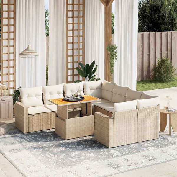 vidaXL Set Divano da Giardino 9 pz con Cuscini Beige in Polyrattan