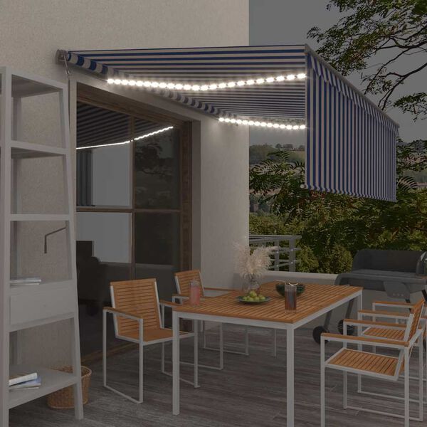 vidaXL Tenda Automatica Parasole Sensore Vento LED 4x3m Blu Bianca