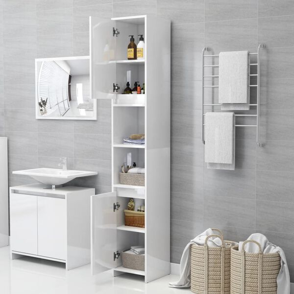 vidaXL Mobile da Bagno Bianco Lucido 30x30x183,5 cm Legno Multistrato