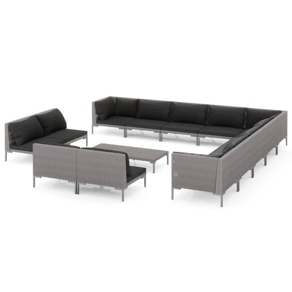 vidaXL Set Divani da Giardino 14pz con Cuscini Polyrattan Grigio Scuro