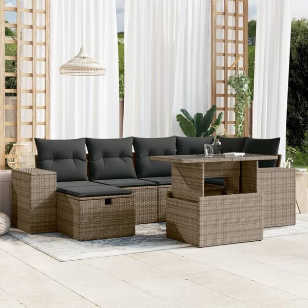 vidaXL Set Divani da Giardino 7 pz con Cuscini Grigio in Polyrattan