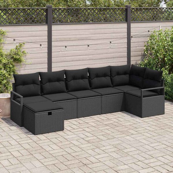 vidaXL Set Divano da Giardino con cuscino 7 pcs Nero Poly Rattan