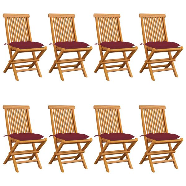 vidaXL Sedie da Giardino con Cuscini Rosso Vino 8 pz Massello di Teak