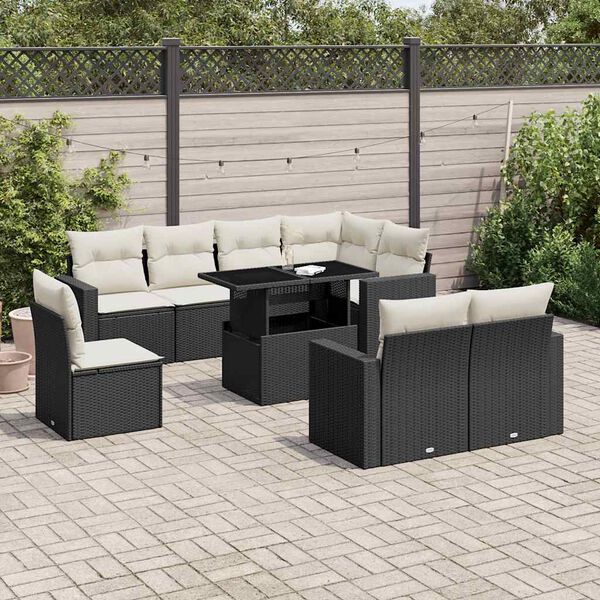 vidaXL Set Divani da Giardino 9 pz con Cuscini Nero in Polyrattan