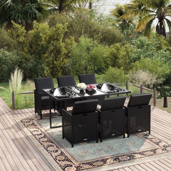 vidaXL Set da Pranzo da Giardino 7 pz Nero con Cuscini in Polyrattan