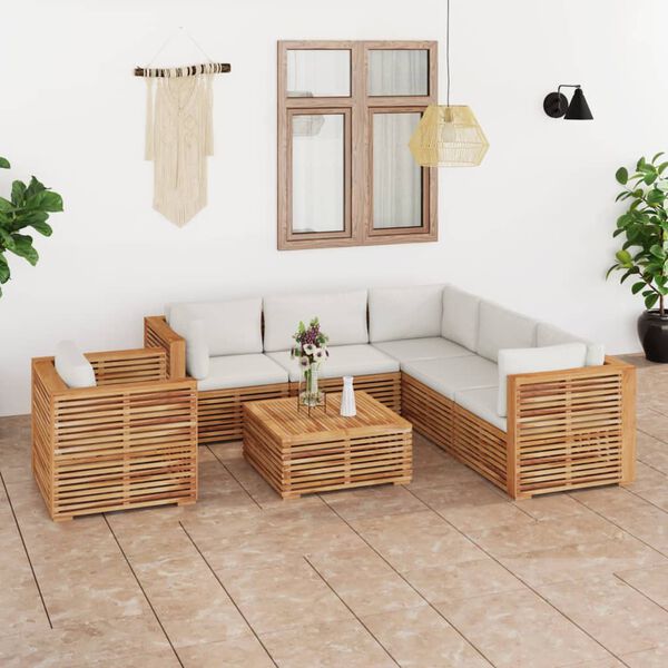 vidaXL Set Divani da Giardino 7 pz con Cuscini Crema in Legno di Teak