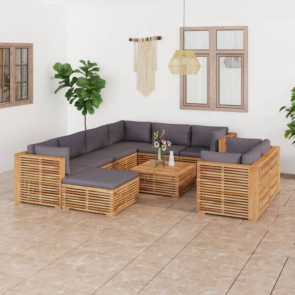 vidaXL Set Divani da Giardino 10 pz Cuscini Grigio Scuro Legno di Teak