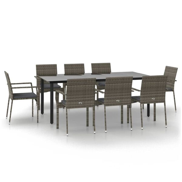 vidaXL Set da Pranzo Giardino 9pz con Cuscini Nero e Grigio Polyrattan