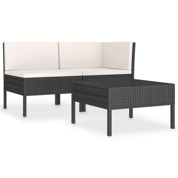 vidaXL Set Divani da Giardino 3 pz con Cuscini in Polyrattan Nero
