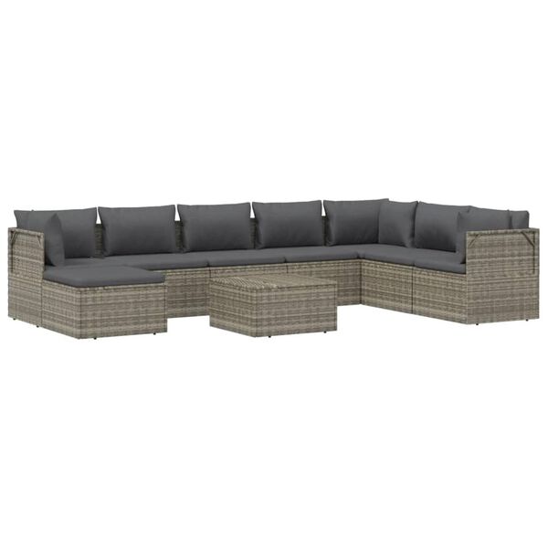 vidaXL Set Divani da Giardino 9 pz con Cuscini in Polyrattan Grigio