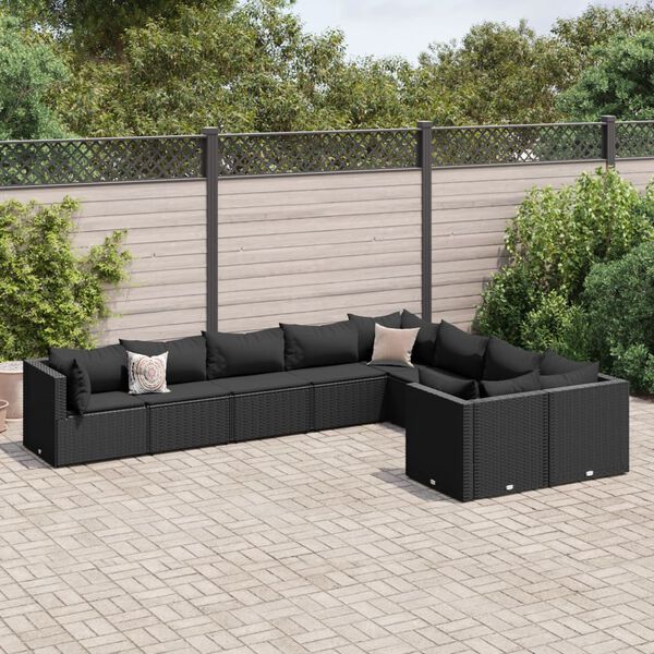 vidaXL Set Divani da Giardino 9 pz con Cuscini Nero in Polyrattan
