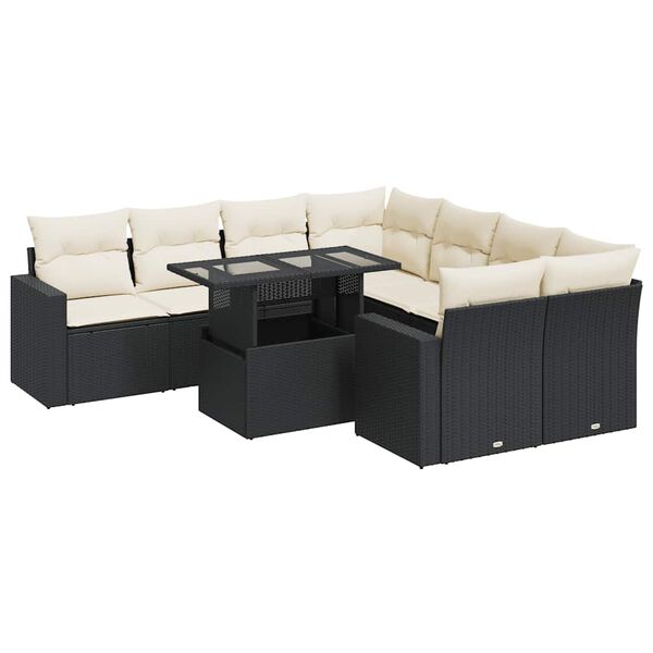 vidaXL Set Divani da Giardino 9 pz con Cuscini Nero in Polyrattan